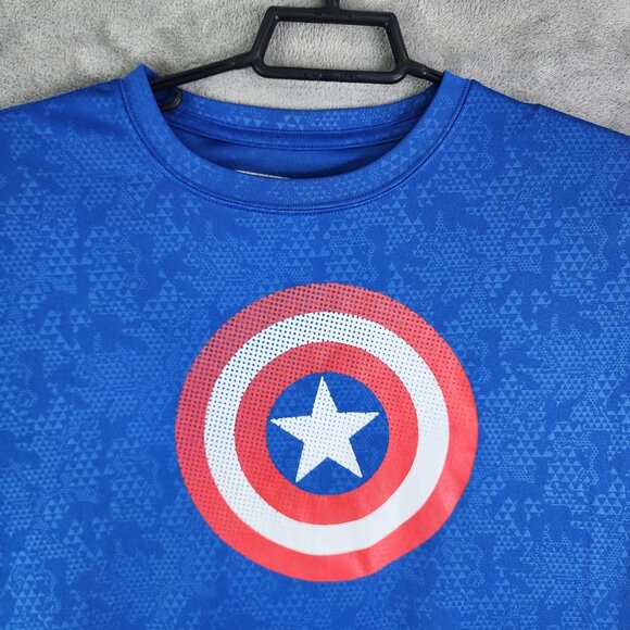 Men's Blue Marvel Captain America Shield Shirt 100% Polyester Short Sleeve L - Picture 4 of 9